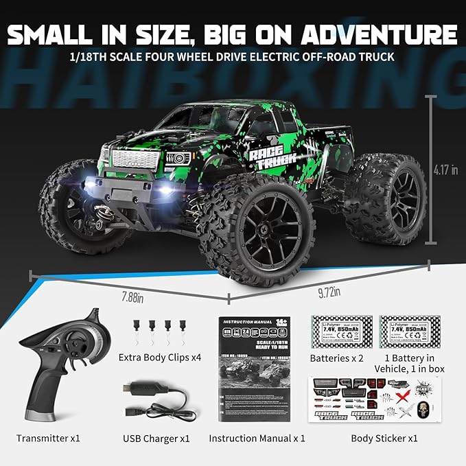 HAIBOXING 1:18 Scale All Terrain RC Car 18859, 36 KPH High Speed 4WD Electric Vehicle with 2.4 GHz Remote Control, 4X4 Waterproof Off-Road Truck with Two Rechargeable Batteries